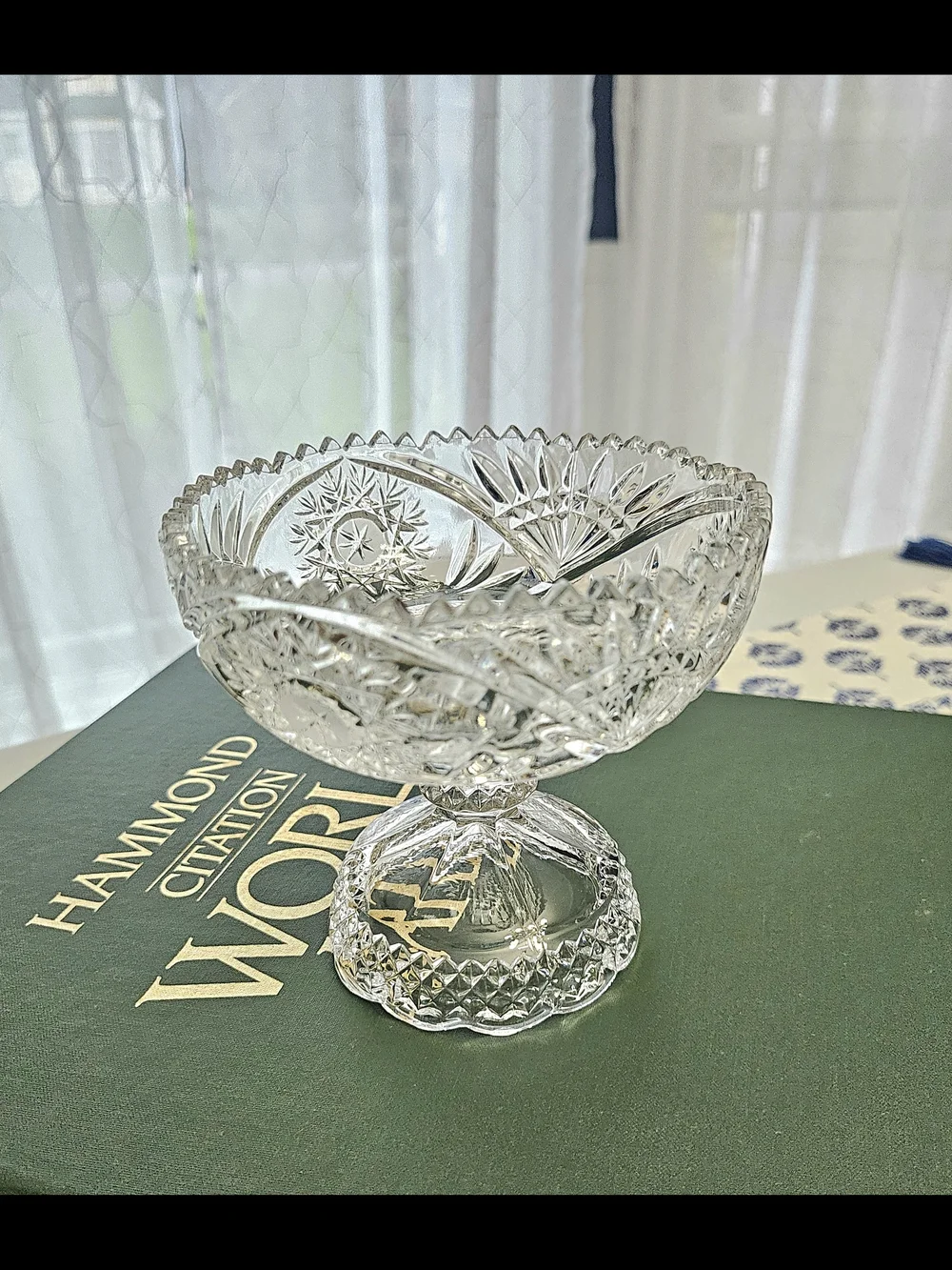 VINTAGE Pressed Crystal Glass Pedestal Candy Dish Sawtooth Rim Compote Bowl